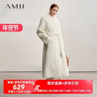 Amii2025冬新款温暖配腰带翻领落肩袖长款环保皮草女宽松毛绒外套