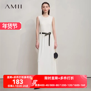 Amii2025秋新款极简纯色合体长款弹力圆领无袖套头连衣裙女
