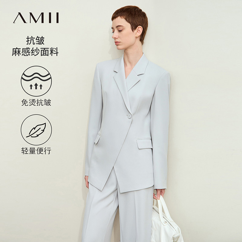 Amii2026秋新款通勤风不规则门襟抗皱免烫西装女西服职业装上衣