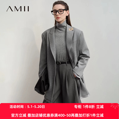 Amii2026秋新款男友风超宽松中长小落肩斜纹大廓形西装外套女