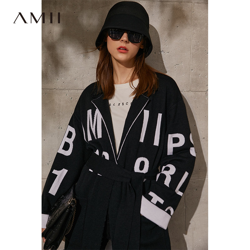 Amii极简时尚黑白撞色毛衣外套女2026春季新款宽松字母针织开衫