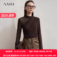 Amii2025秋新款极简气质圆领修身弹力网纱针织透肤打底衫T恤女