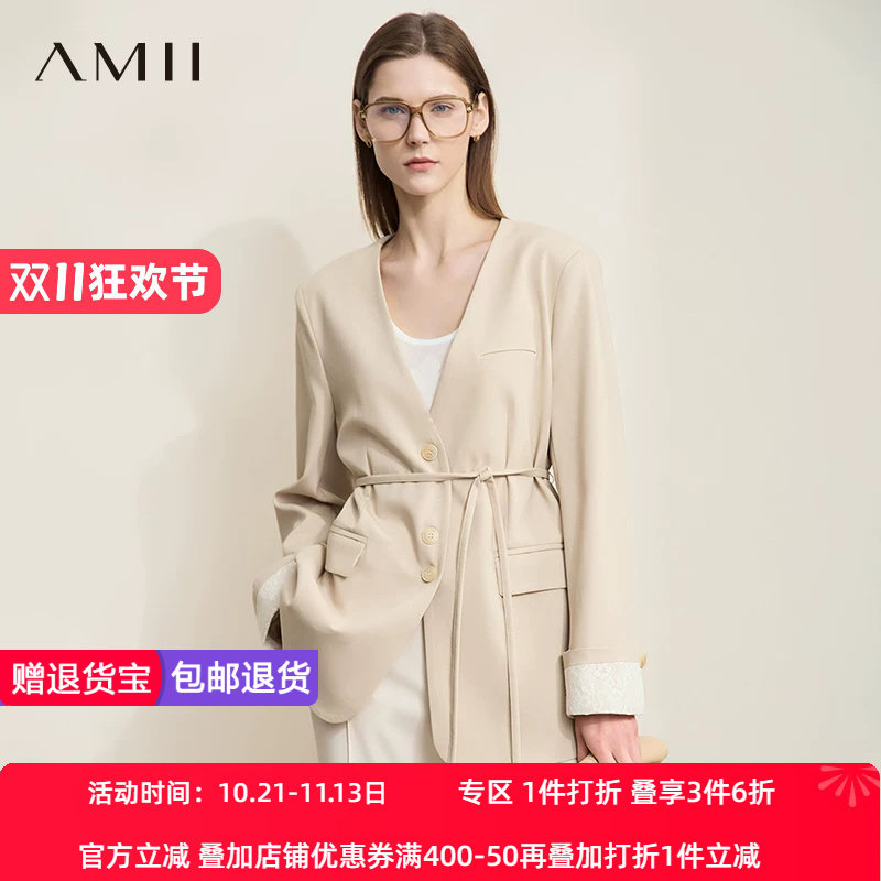 AMII【极简风】25秋款中西结合知性通勤V领中长款西装外套女