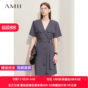 Amii2026夏新款V领工装风配腰带短袖连衣裙女莫兰迪色系宽松裙子