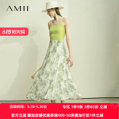 AMII【国风印花】2026春新中式江南水墨印花长裙雪纺百褶蛋糕裙