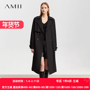 Amii极简军旅风风衣女2025秋季新款长款上衣双排扣配腰带大衣外套