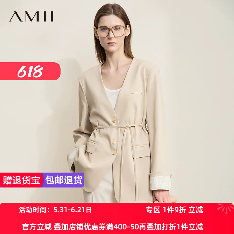 AMII【极简风】25秋款中西结合知性通勤V领中长款西装外套女