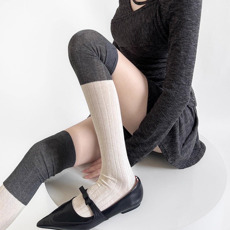 秋冬拼色竖条JK学院风过膝袜