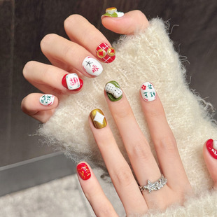 2026新年麻将元素纯手工穿戴甲过年开运感美甲贴片高级感显白短款