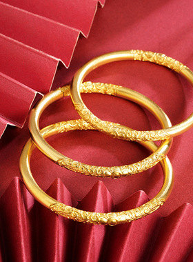 越南沙金卷草纹紫荆花手鐲女士久不掉色黄铜仿真古法传承镯子饰品