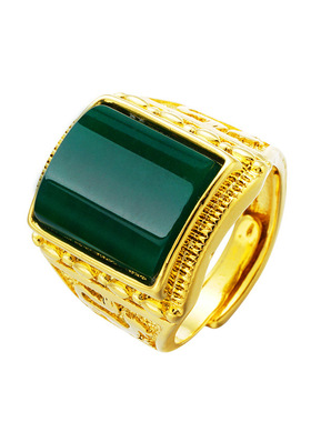 越南沙金戒指男士久不掉色碧玺玛瑙色黄铜仿真玉髓宝石开口戒饰品