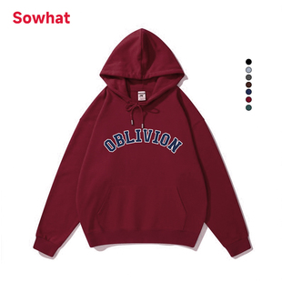 加绒加厚酒红色连帽卫衣女男情侣款设计感小众oversize套头帽衫