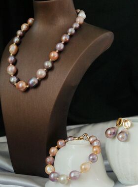 Pearl necklace母亲节三件套装大颗粒巴洛克彩色珍珠项链手链耳环