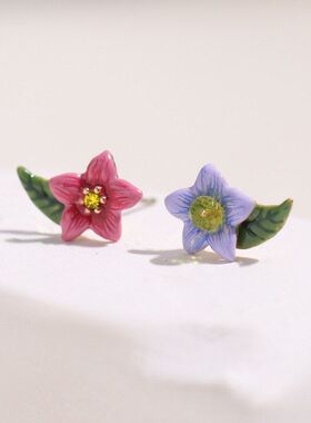 茄梦茉语系列红色蓝色花朵耳钉