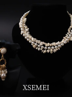 复古天然石白松多层项链耳饰套装