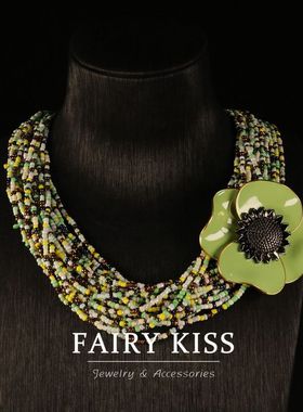 精致清新绿色花朵多层老奶奶项链 磁吸扣高级感个性设计珐琅胸针