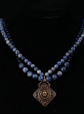 复古中古蓝色玛瑙珠珠青金石双色叠戴霸气狮子头吊坠项链配饰