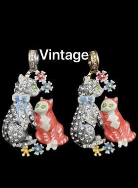 【孤品清仓】中古风KF珐琅镶嵌捷克钻小猫小花复古磁吸项链吊坠