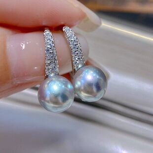 珍珠纯银S9258耳坠9mm真多麻奶奶日本高跟鞋 海水 镶钻灰耳环akoya