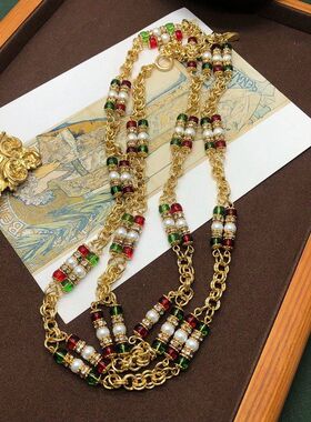 日常女琉璃绿色石钻圈红毛衣链长