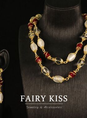 中古vintage轻奢铜丝缠绕高级感耳饰 新年红色清新个性老琉璃套装