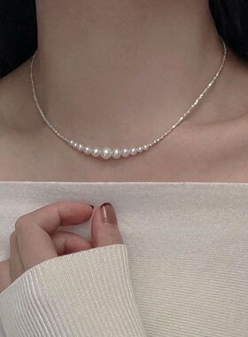 通体纯银碎银子微笑珍珠项链3-8mm渐变近圆珍珠新款小众颈链爆款