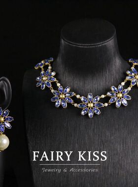 清新精致花朵玻璃珍珠耳环密镶满钻复古做旧 青岛vintage中古饰品