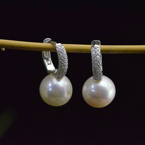 镶钻纯银10-11mm正圆珍珠耳圈微瑕爱迪生镀白金保色S925耳扣通体