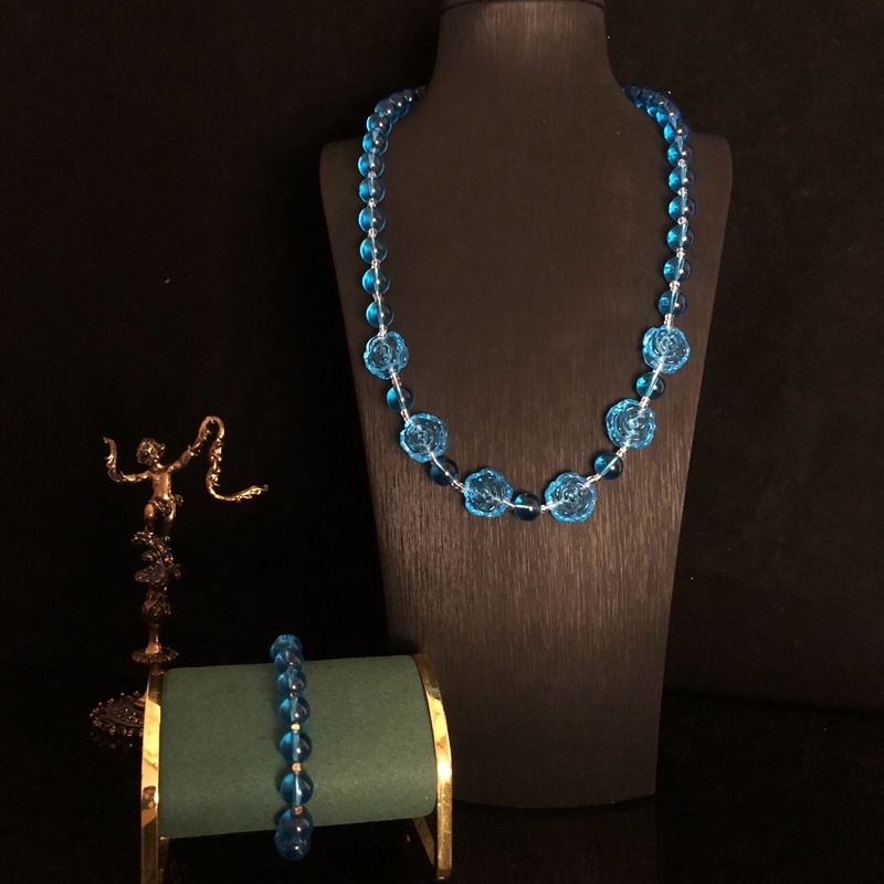 中古vintage 西洋花朵意大利回流老琉璃复古蓝色琉璃项链手链套装