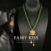 耳环绿色大气百搭项链手工复古风真金套装 镀扫肩莲花串珠中古精致