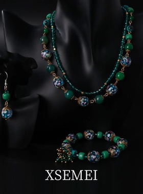 新款中古vintage 古法老琉璃贵气复古蓝色双层设计款项链手链耳钉