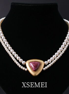 中古vintage琉璃珍珠气质紫色爱心高级感宫廷项链锁骨链