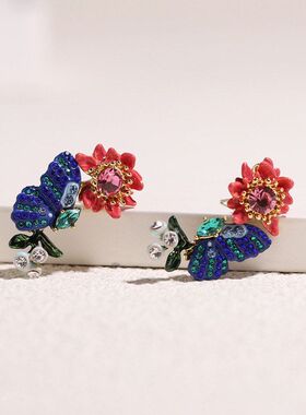梦幻花园系列蓝色蝴蝶红色花朵耳钉