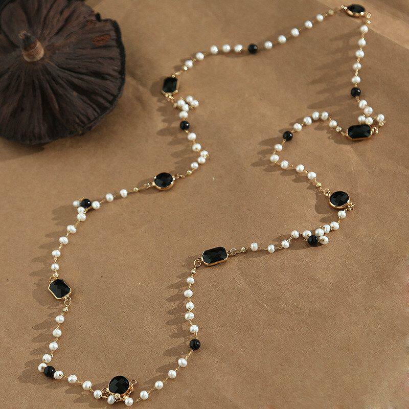 4-5mm淡水珍珠项链长款毛衣链黑水晶铜镀金满天星120cm长百搭款