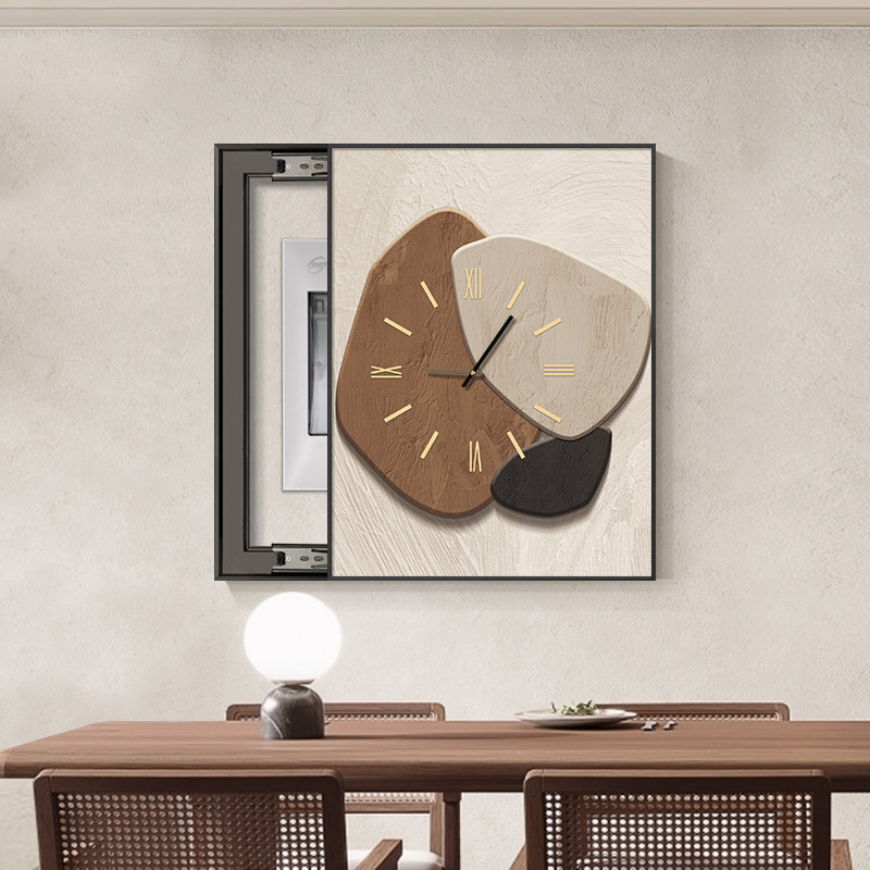 时来运转奶油风带钟表电表箱装饰画简约侘寂竖款配电箱盒挂画新款