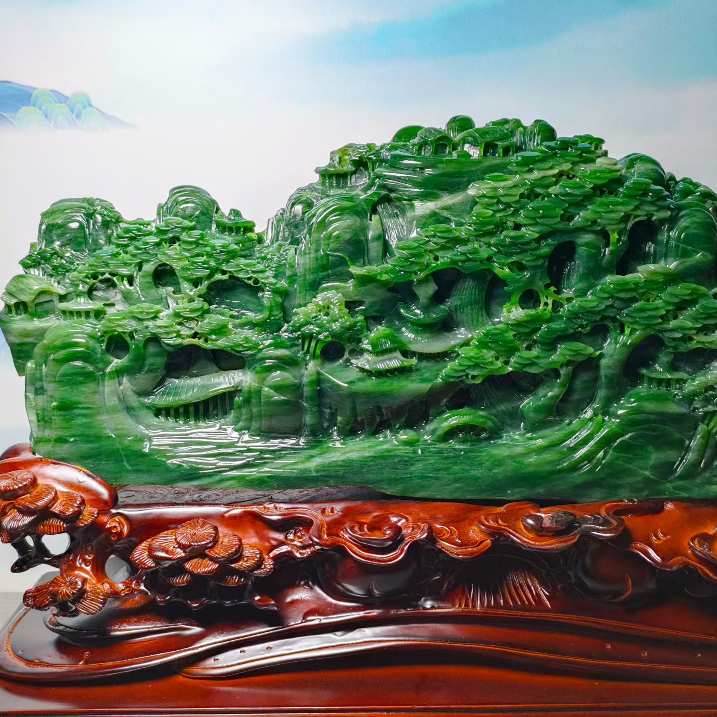 精品和田玉碧玉富贵山居老坑料满绿色意境优美精雕(青山绿水)摆件