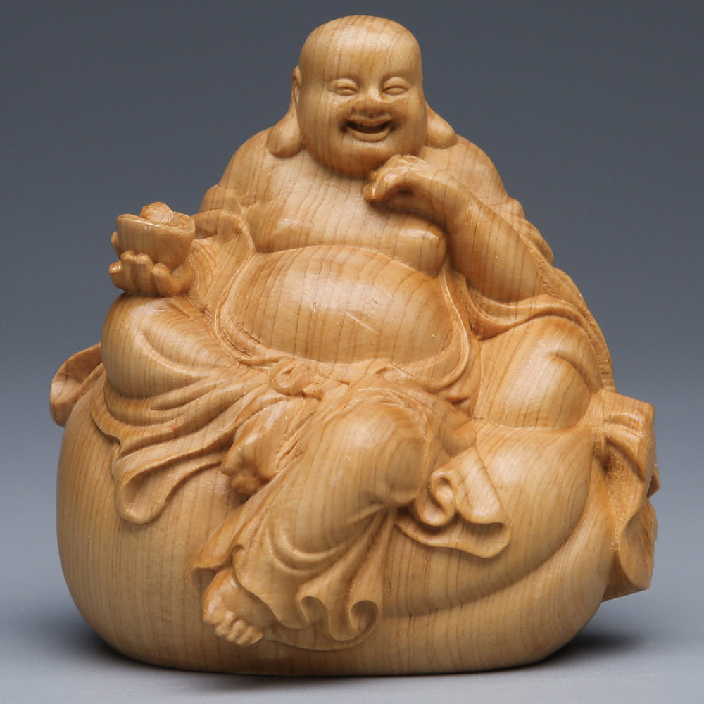 崖柏坐元宝弥勒佛像摆件 元宝坐笑佛实木雕刻家居木雕红木工艺品