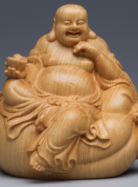 崖柏坐元宝弥勒佛像摆件 元宝坐笑佛实木雕刻家居木雕红木工艺品