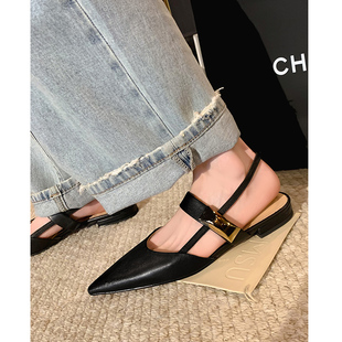复古尖头低跟金属扣包头后空气质淑女平底凉鞋 法式 女 新款 2024夏季
