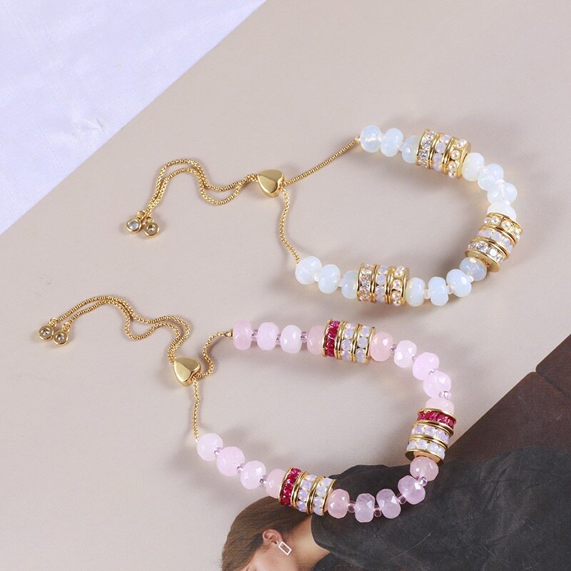 高品质粉晶/蛋白石抽拉式可随意调节手链