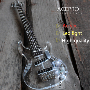 Acepro水晶5弦电贝司 透明水晶LED灯多彩发光bass24品低音贝斯琴