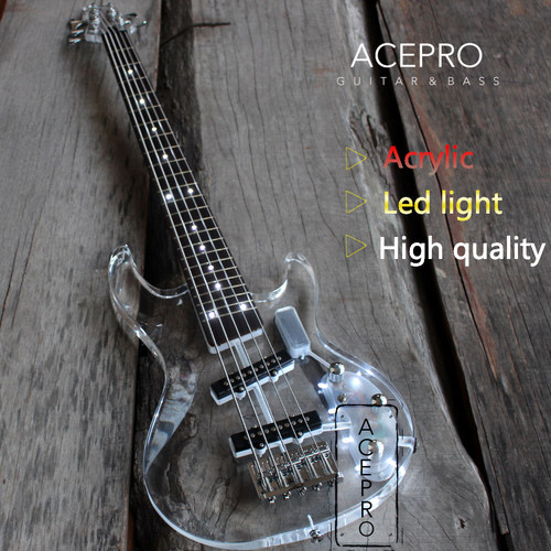 Acepro水晶5弦电贝司 透明水晶LED灯多彩发光bass24品低音贝斯琴