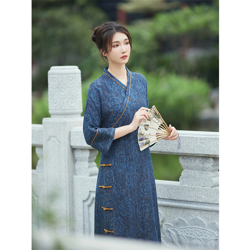 真丝香云纱中式盘扣交叉领旗袍裙
