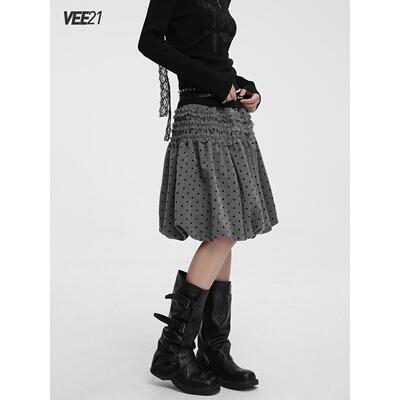 Vee21 灰色波点半身裙中裙花苞裙女早秋日系风格穿搭古早日杂裙子