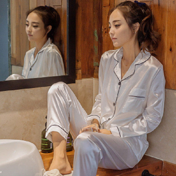 外单跑量睡衣女短袖长裤秋仿真丝冰丝纯色家居服套装女士
