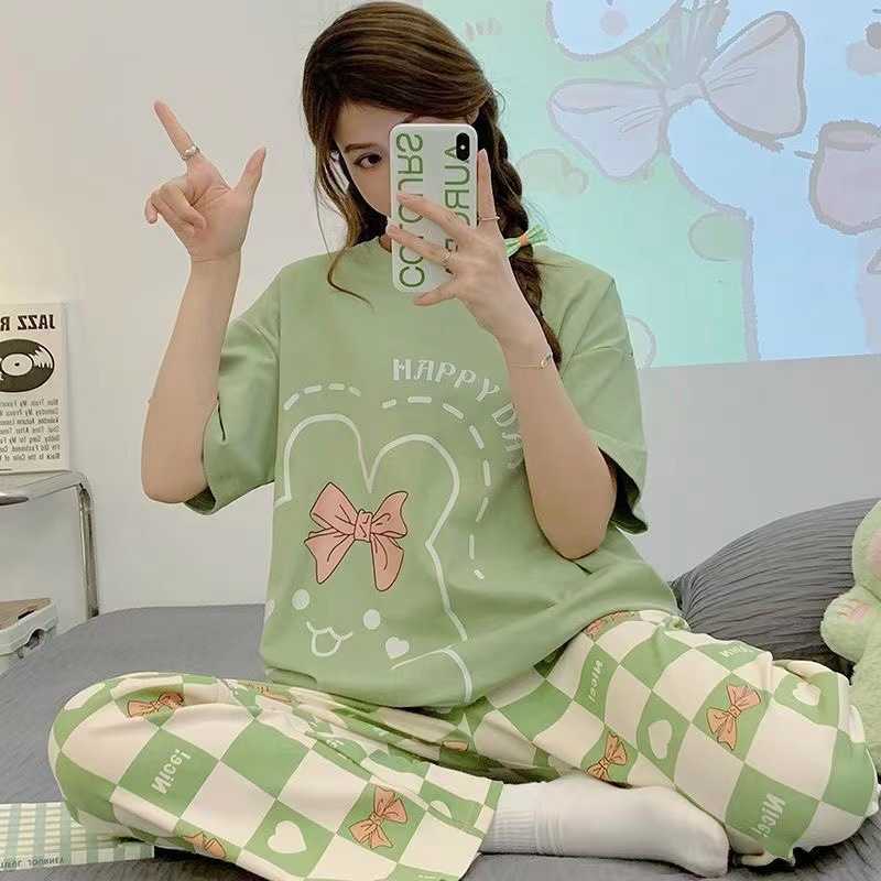 外贸夏季多款短袖短裤牛奶丝睡衣女夏天宽松卡通女士家居服套装