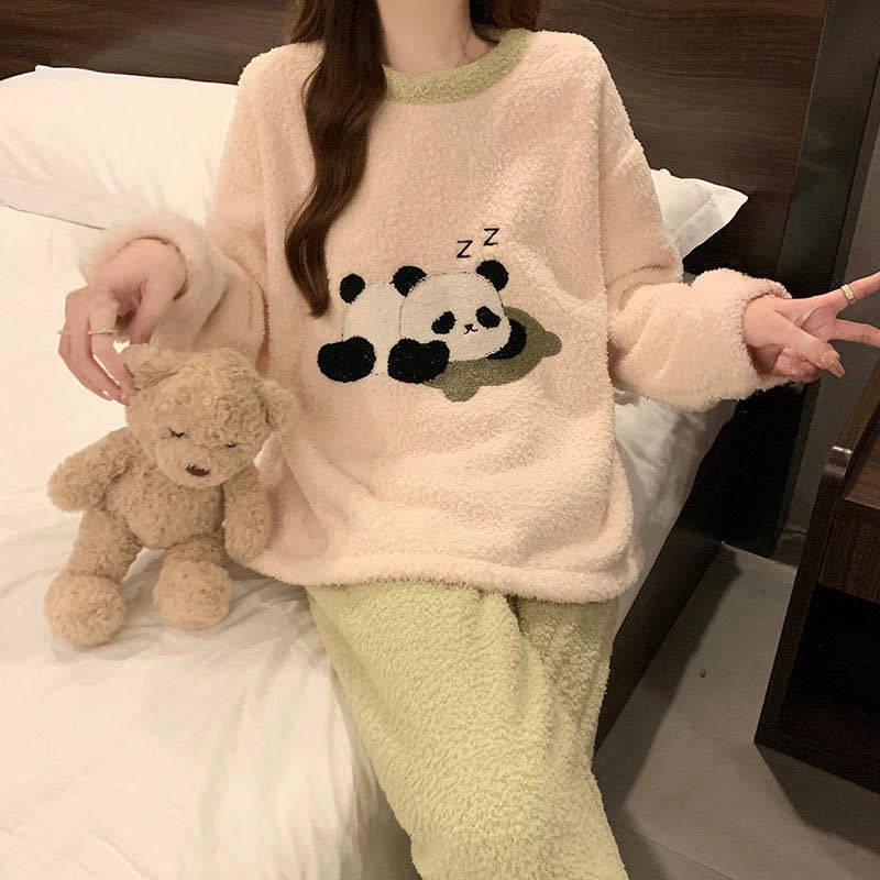 新款秋冬季法兰绒可爱国宝熊猫睡衣加厚女冬珊瑚绒家居服套装