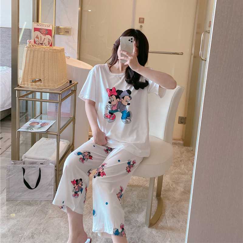 短袖七分裤睡衣女夏季韩版米奇白雪公主卡通学生短裤家居服套装秋