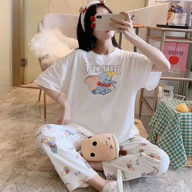 睡衣女夏季韩版圆领短袖长裤宽松学生加大码两件套装可外穿家居服