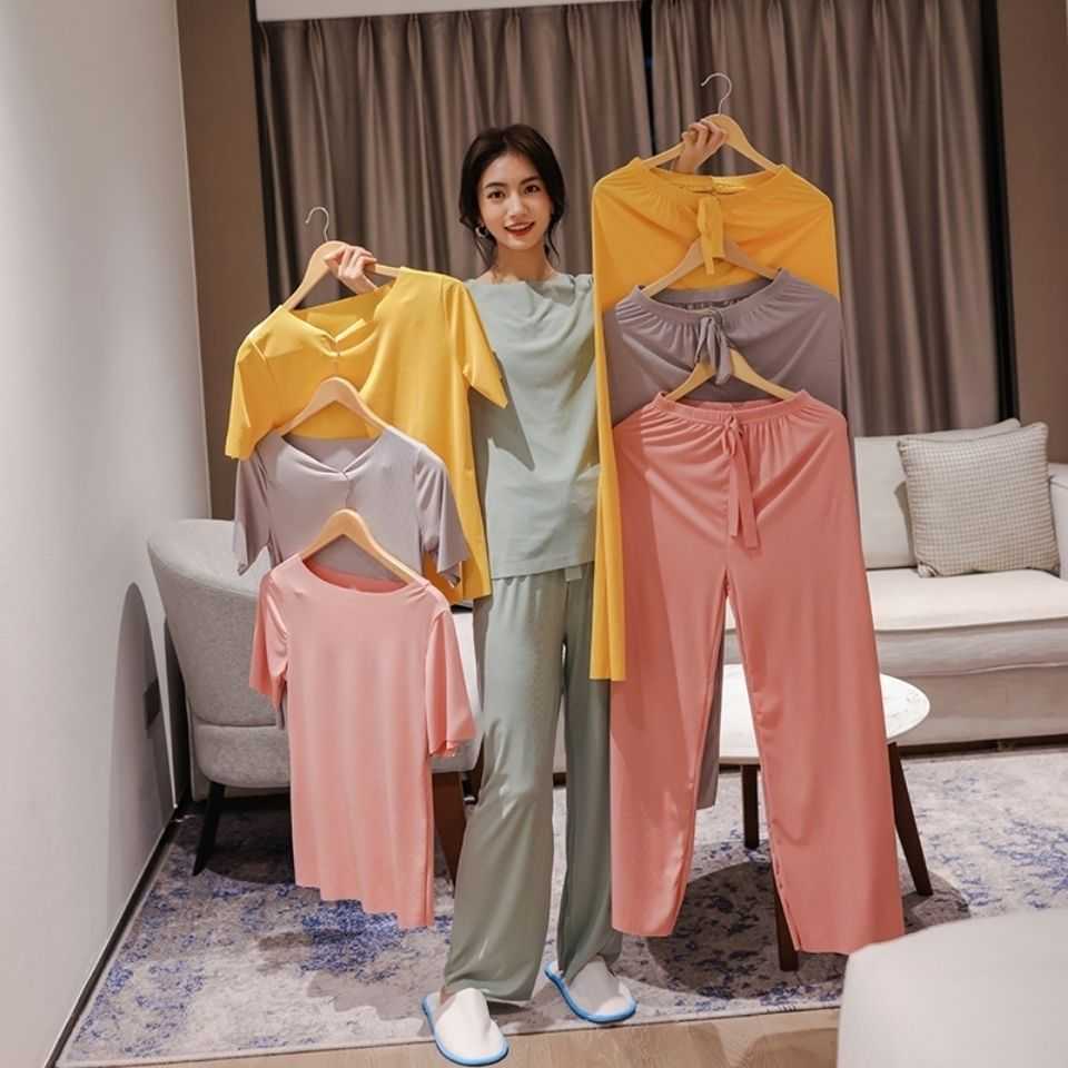 小港姐软软套装夏季薄款纯色家居服两件套短袖松紧腰长裤懒人睡衣
